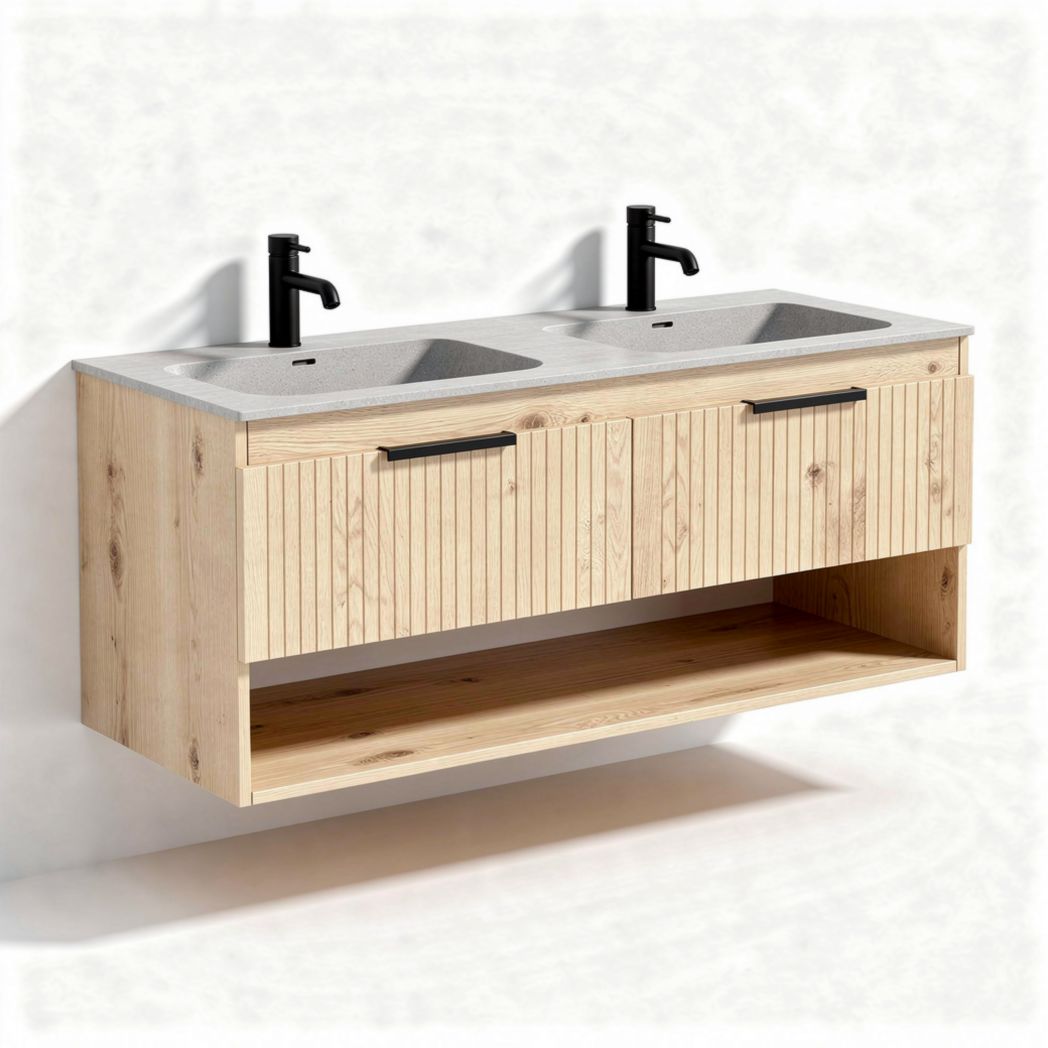 Dubbele wandkast van hout met betonnen wastafel en zwart beslag 120 x 50 x 60cm