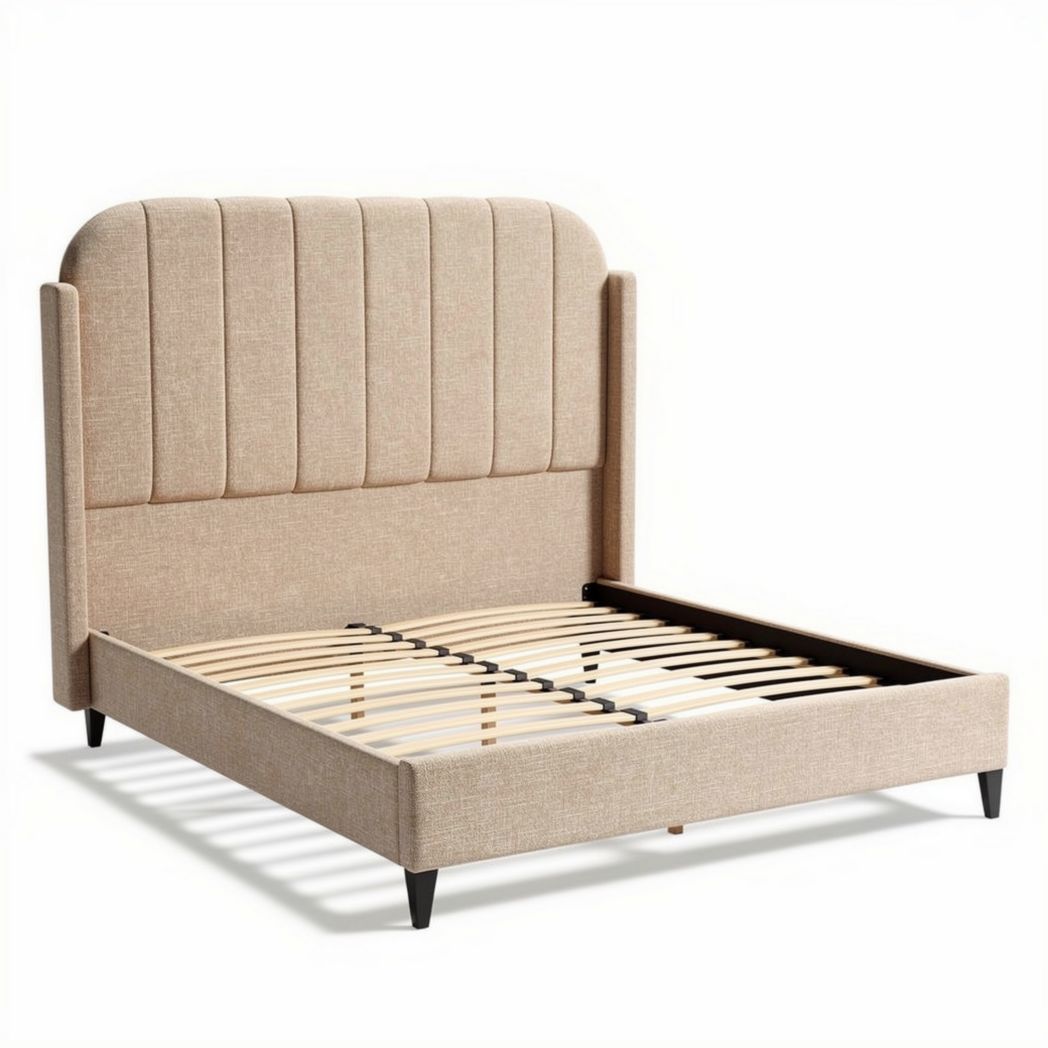 Stoffen bedstel met gerecycled houten lattenbodem in beige 200 x 160 x 100cm