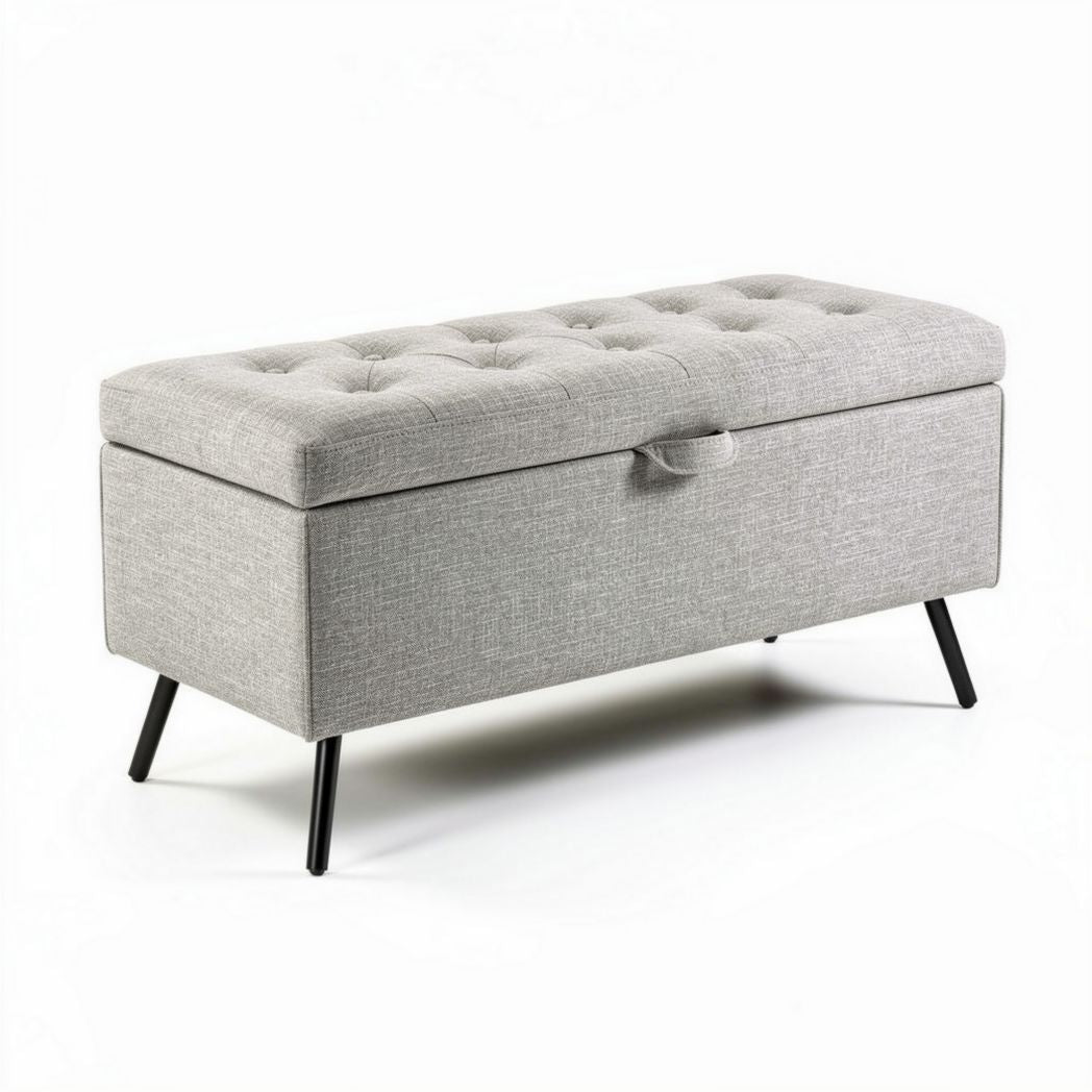 Opbergbank grijs stoffen met knopen en opbergruimte 100 x 40 x 45cm