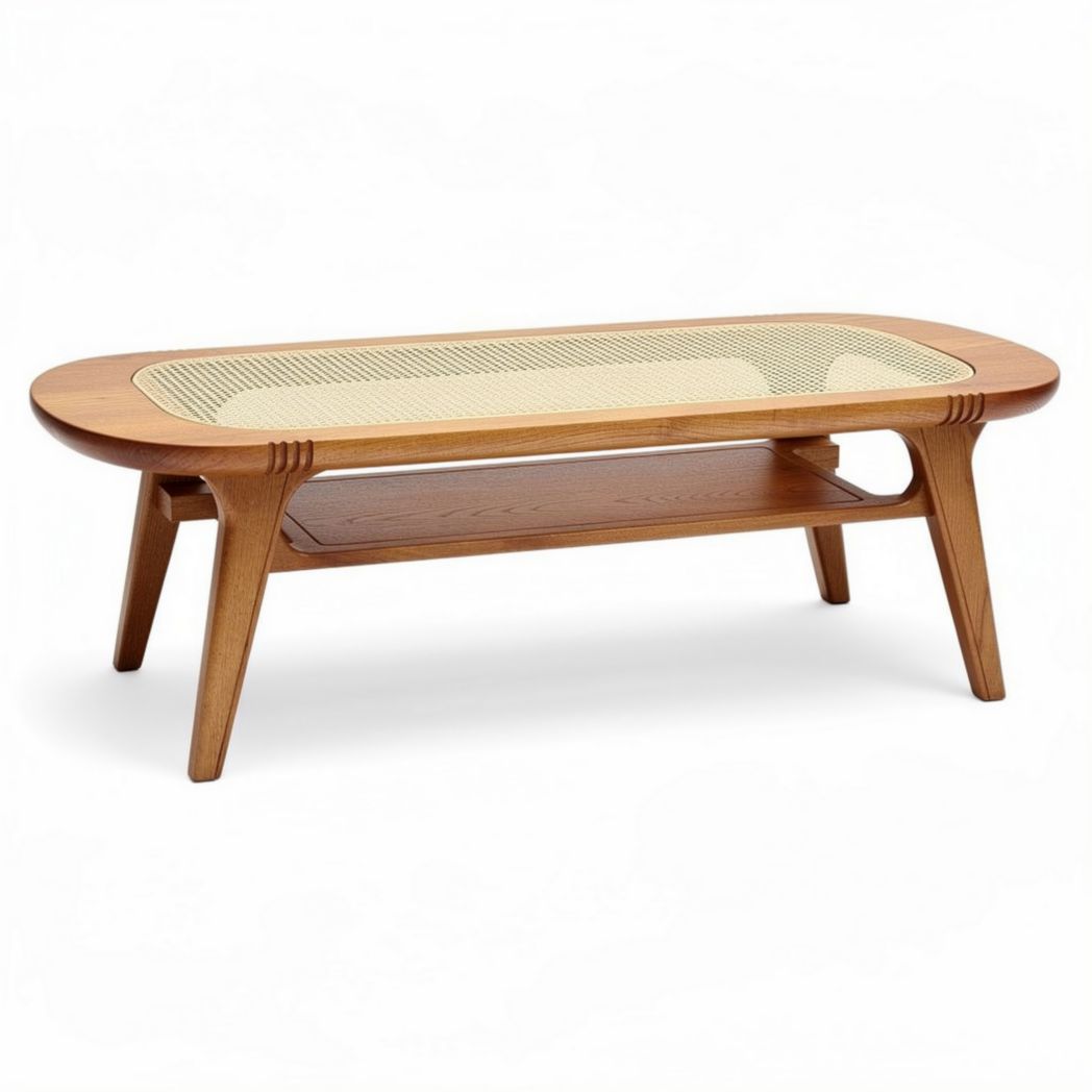 houten salontafel met rieten bovenblad en opbergruimte 120 x 60 x 45cm
