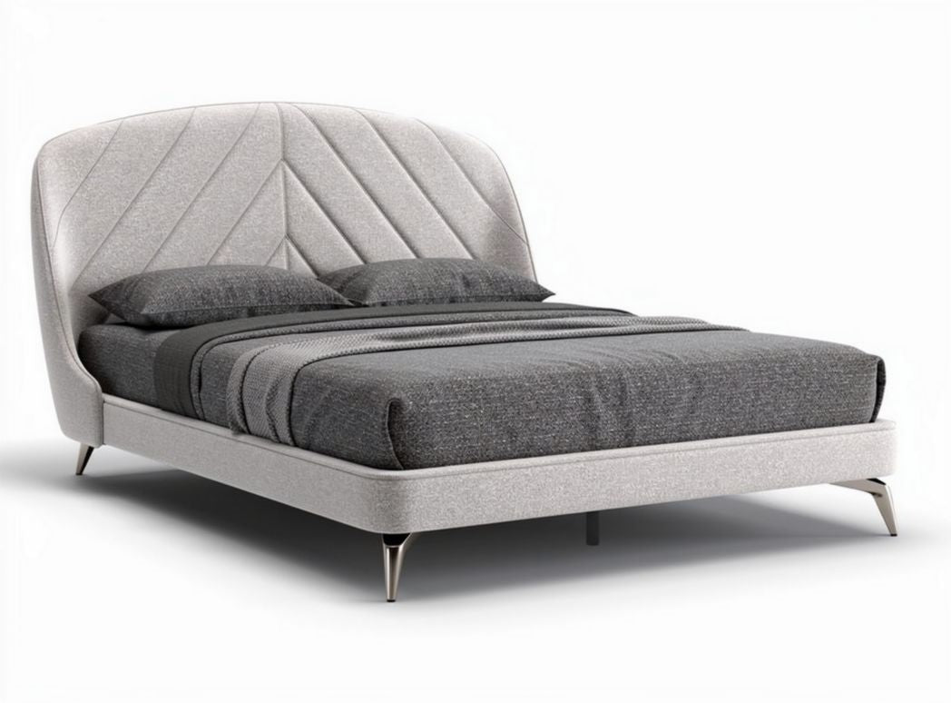 gestoffeerd bed met hoofdbord en grijze dekbed 200 x 160 x 30cm