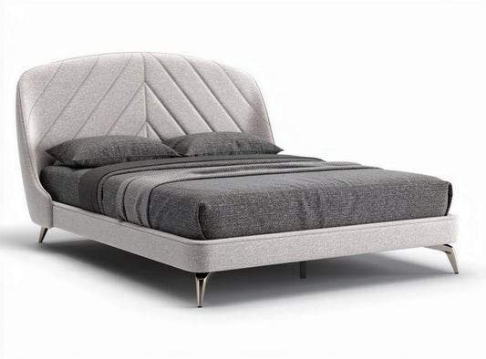 gestoffeerd bed met hoofdbord en grijze dekbed 200 x 160 x 30cm