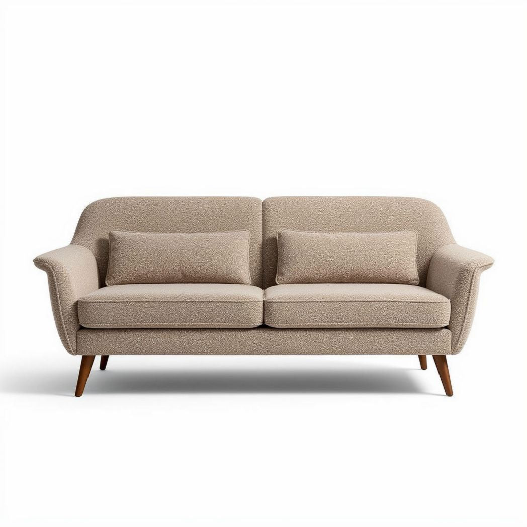Lichte grijze bank met metalen poten en twee kussens 200 x 90 x 85cm