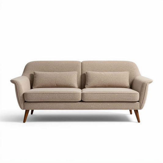 Lichte grijze bank met metalen poten en twee kussens 200 x 90 x 85cm