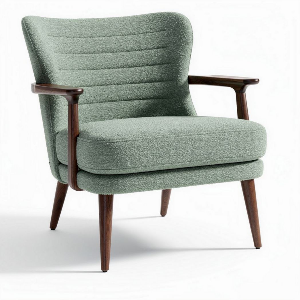 Stoel met armleuningen van stof in groen met houten poten 75 x 80 x 90cm